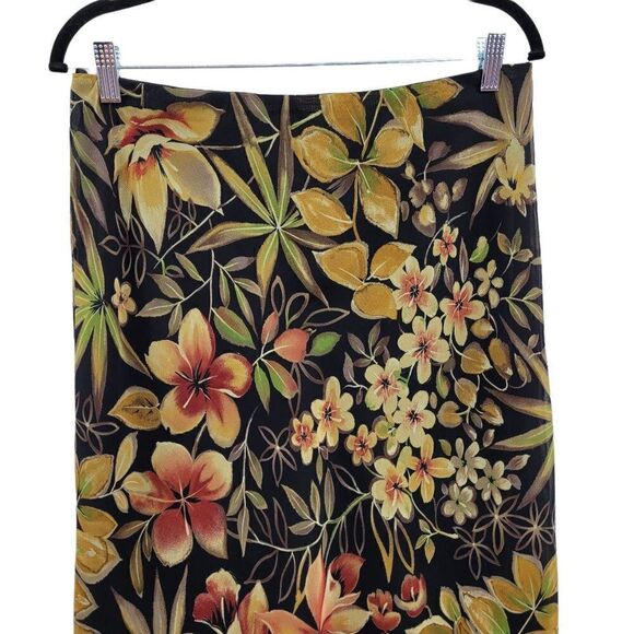 Vtg Skirt Botanical Tropical Floral High Low Ruffle Hem Trumpet Midi Black Sz L - Picture 5 of 9